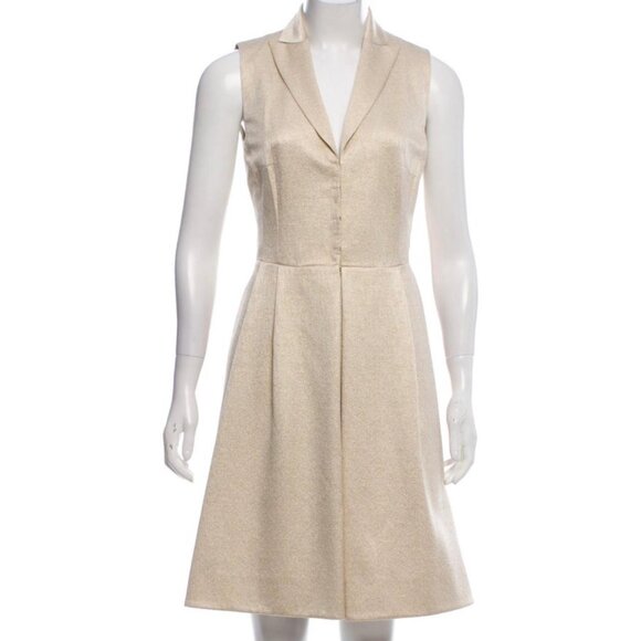 AKRIS Sleeveless Gold Mini Dress with Peak Lapel & Snap Closure at front Sz. M - Picture 1 of 9